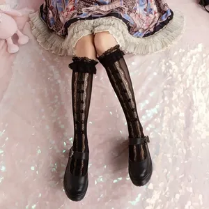 Retro Vintage Style Bow Accent Knee High Socks Flirty Ruffle Trim Soft Lace Calf thumbnail 2