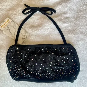NWT Oh Polly Black Beaded Crop Top w Halter Ties Sz 0 thumbnail 1