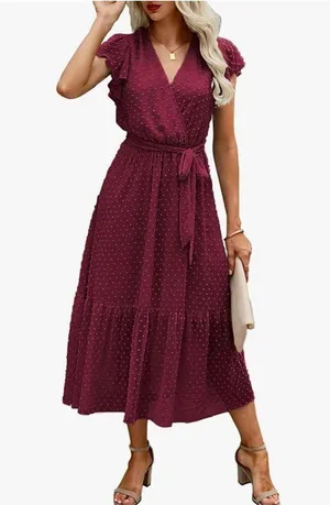 NEW Wrap Ruffle Cap Sleeveless Belted A-Line Swiss Dot Midi L thumbnail 2