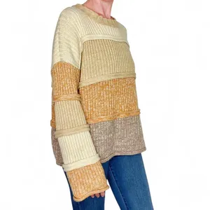 Entro Beige Brown Tan Striped Patchwork Flared Sleeve Sweater thumbnail 4