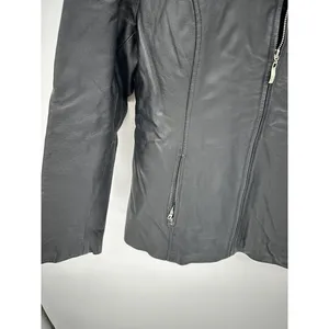 Black Leather Biker Jacket Womens Large Full Zip Quilted Lining Edgy Moto Grunge thumbnail 2