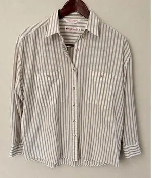 Appleseeds Womens Tan White Striped Button Down Shirt Long Sleeve Blouse Size 8 thumbnail 1