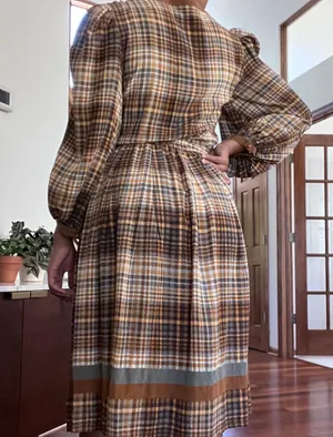 Vintage Silk Brown Checkered Dress Size 6 thumbnail 4