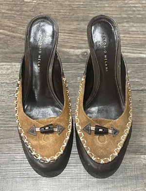 Antonio Melani Heels Kitten Suede & Leather Moccasin Style Brown thumbnail 1