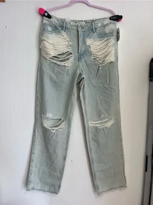 Good American Pale Blue Ripped Boyfriend Jeans thumbnail 5