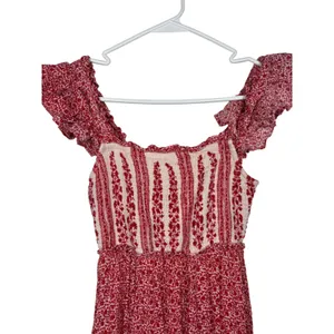 Sim & Sam Mini‎ Dress Womens XS Red Floral Ruffle Smocked Tiered Boho Babydoll thumbnail 3
