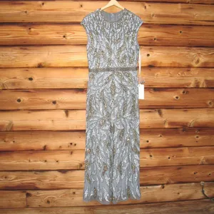 Mac Duggal 6 Silver Gray Gold Beaded Illusion Cap Sleeve Column Gown Maxi Dress thumbnail 6