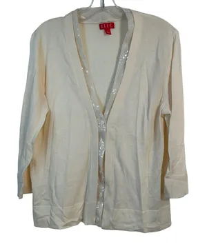 Elle Cream Sequin Trim Button Front Cardigan Sweater XL Ivory 3/4 Sleeve‎ thumbnail 1