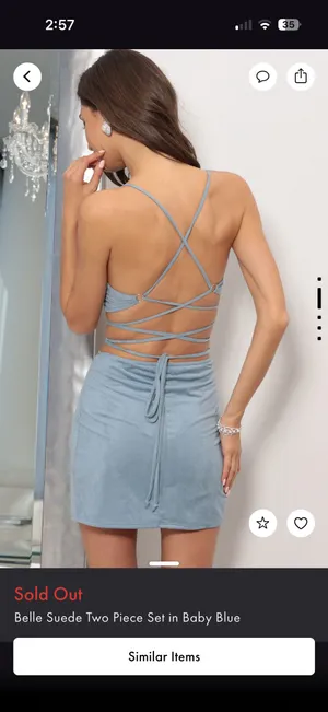 Lucy in the Sky Suede Two-Piece Baby Blue Set Skirt and Tie Around Top thumbnail 2