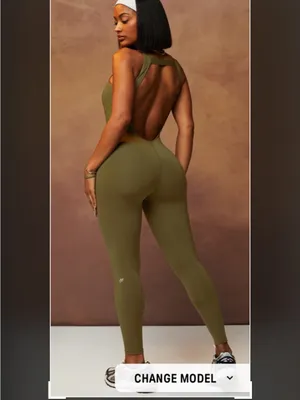 Fabletics Motion 365 onesie in olive green features a racerback design thumbnail 2