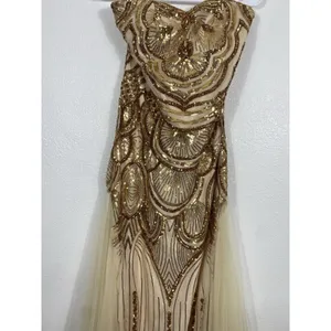 Angel Fashions Strapless Gold Sequin Beaded Long Gown Dress Women Size L thumbnail 5
