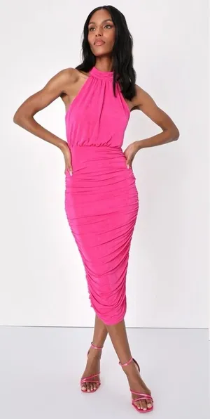 NWT Lulus Always Remarkable Fuchsia Pink Ruched Halter Midi Dress Glam Size XS thumbnail 1