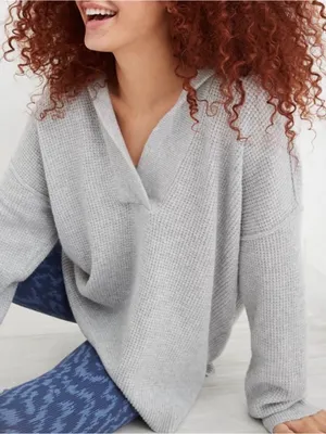 Aerie CozyUp Waffle Sweater Hoodie Gray Medium thumbnail 1