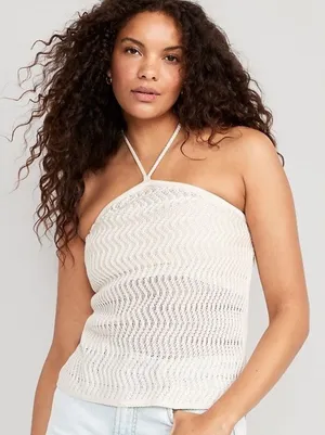 Old Navy Fitted Halter Cropped Sweater White Open Knit Beachy‎ Top XL Tall thumbnail 1