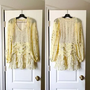 LoveShackFancy Dress Rina Silk Metallic Star Ruffle Mini Sunmer Sunflower 2 EUC thumbnail 2