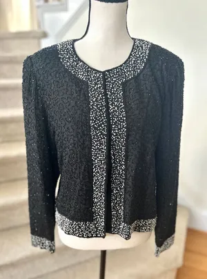 Vintage Old Money Black Silk Faux Pearl Trim Beaded Blazer Evening Jacket thumbnail 1