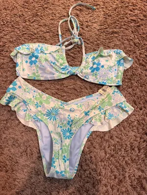 Aerie Real Good Floral Ruffle Halter Bikini Set‎ Blue Green M NWT thumbnail 1