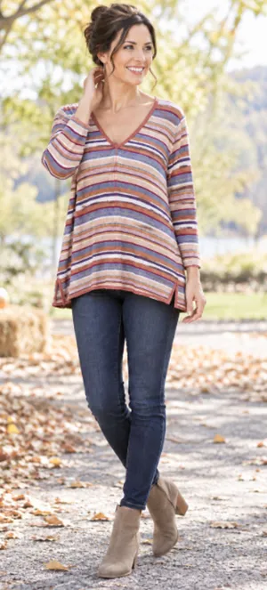 Chico's 2 Multi Color Striped Sweater Top large Linen blend Orange fall festival thumbnail 1