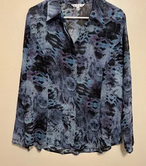 CAbi Style 609 Blue Abstract Print Button Front Blouse Large thumbnail 1