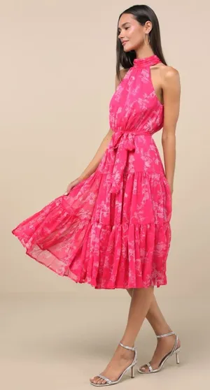 Lulu's Hot Pink Floral Tiered Halter Dress thumbnail 1