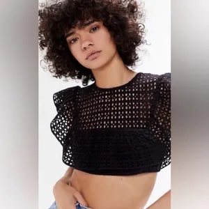 Urban Outfitters Eva Black Eyelet Ruffle Crop Top Sz-S thumbnail 3