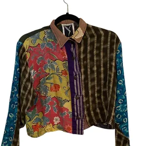 Yvonne Agaro Collections Multicolor Patchwork Cropped button down shirt Jacket Green Size L thumbnail 2
