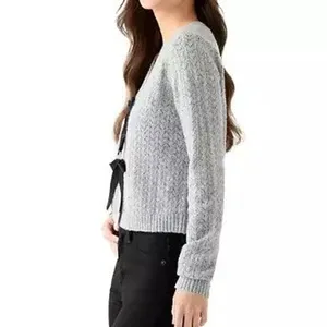 Oak‎ & Trellis Front Bow Tie Sweater XL Gray Coquette Balletcore Pointelle Soft thumbnail 2