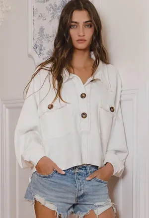 Boutique Premium French Terry Button Up Cropped Top thumbnail 3