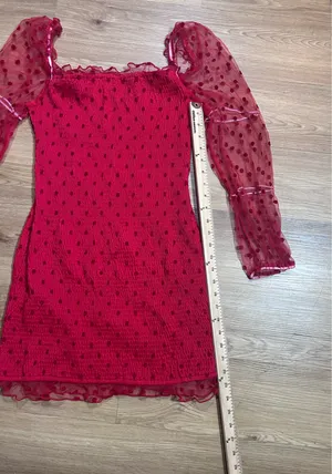 LIBASHA Size L Red Polka Dot Smocked Mini Dress Sheer Puff Sleeves thumbnail 5