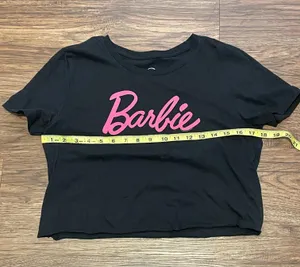 Mattel Barbie Cropped Crew Neck T-shirt Black With Barbie in Pink Writing Small thumbnail 5