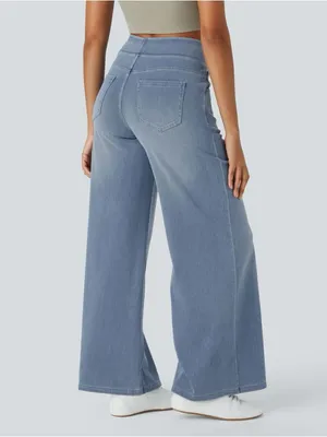 Halara Flex High Waisted Pockets Baggy Wide Leg Washed Casual Jeans Size Large thumbnail 3