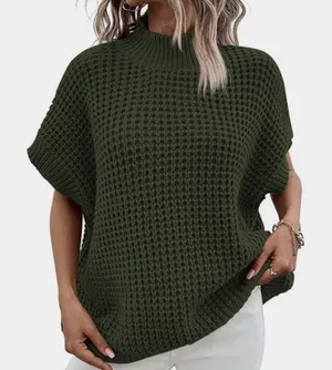 Amazon Olive Green Waffle Knit Short Sleeve Mock Neck Sweater thumbnail 1
