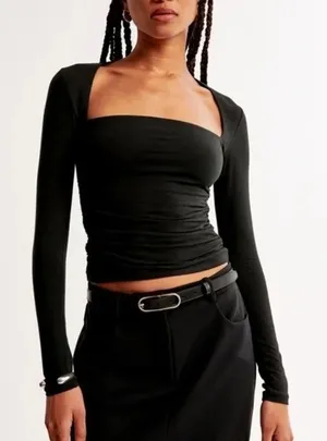 Abercrombie Ava Ruched Square Neck Long Sleeve Top Black Small thumbnail 1