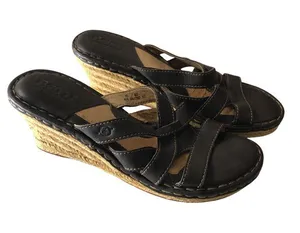 Born Women's Black Leather Sandals Wedge Crisscross Straps Open Toe 10 thumbnail 1