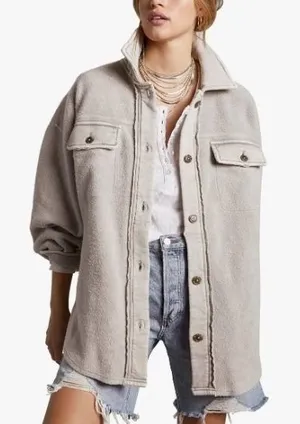 Free People Ruby Jacket Oversized Fleece Shacket Oatmeal‎ Grey Womens Small thumbnail 1