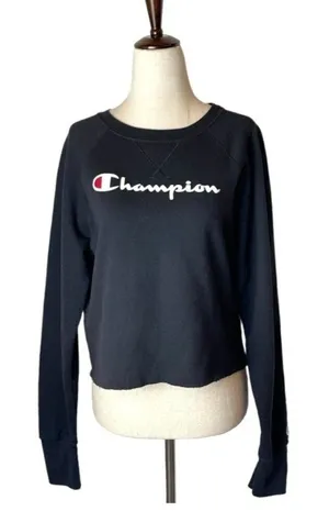Champion‎ Sweatshirt Women Meddium Black Crew Neck Cropped Raw Hem Logo Athletic thumbnail 1