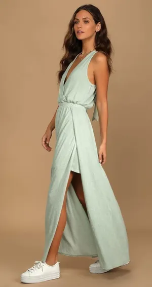 NWT‎ LuLus Sunny Day Perfection Sage Green Tie-Back Maxi Dress, M! thumbnail 1