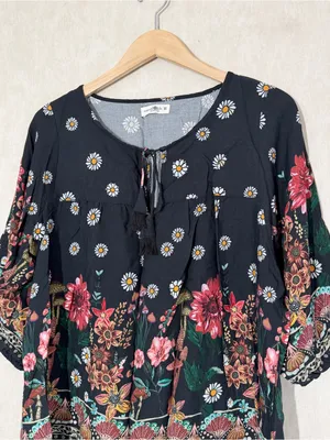 Natural Life Women’s Maribel Top Blouse Rayon in Black Floral Mushroom M thumbnail 4