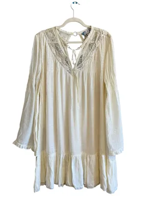 J.Gee Boho Crochet Lace Tiered Mini Dress Cream Bell Sleeve XL New thumbnail 13