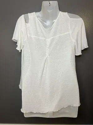 Free People Shirt Womens Small White V Neck Cold Shoulder Ruffle Sleeve Boho thumbnail 4