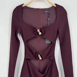White Fox One‎ Desire Mini Dress Small Dark Burgundy Cutout Long Sleeve Beaded thumbnail 3