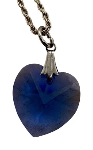 Vintage Blue Faceted Heart Pendant Necklace Silver Tone 16 Inch Rope Chain thumbnail 1