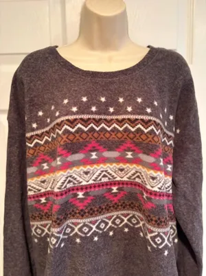 Cuddl Duds XL Charcoal Gray Fleece Southwestern Fair Isle Pullover Top thumbnail 1