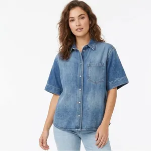 Zara Short Sleeve Denim Shirt Medium Indigo Snap Button Western Top M thumbnail 7