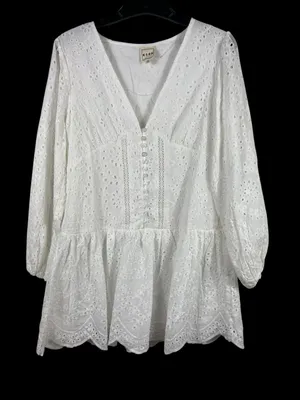 CIEN White Eyelet Button Babydoll Mini Dress M V-Neck Long Sleeve Cottagecore thumbnail 1