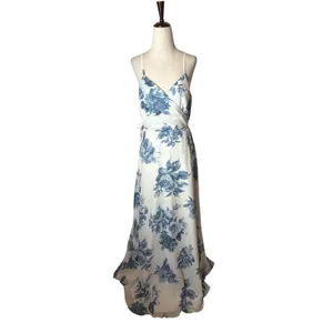 Lulus Elegantly Inclined Wrap Dress Women XL Blue‎ Cream Floral Print Maxi Boho thumbnail 2