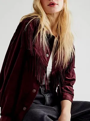 Free People Western Fringe Faux Suede Cosmic Karma Jacket In Wine Size Large thumbnail 2