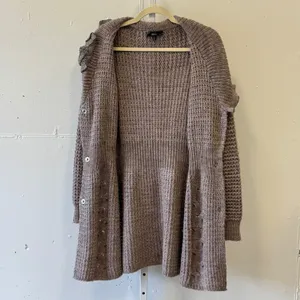 Sioni Taupe Ruffle Long Cardigan Sweater Mauve Knit Medium 90s Knee Length‎ thumbnail 3