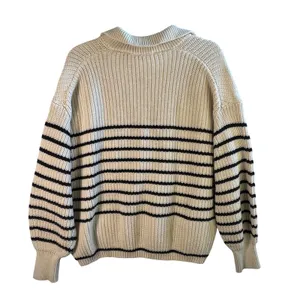 Zara Knit Rugby Sweater Womens Medium Cream Black Striped Collared Cotton Preppy thumbnail 2