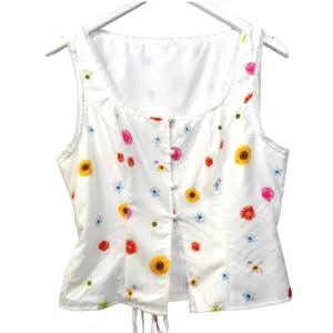 Unbranded Floral Tank Top Lace Trim Button Front Tie Back White Multi‎ Medium thumbnail 2